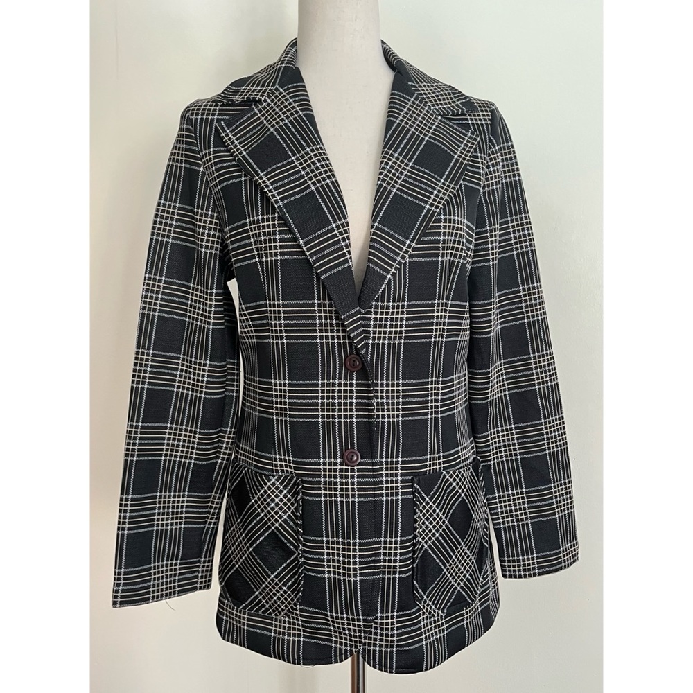 Vintage 70s Plaid Blazer Leisure Jacket Black Tan Prince Dallas Size Small
